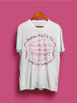 A white t-shirt with pink writing on it.