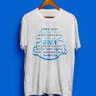 A white t-shirt with blue lettering on it.