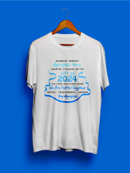 A white t-shirt with blue lettering on it.
